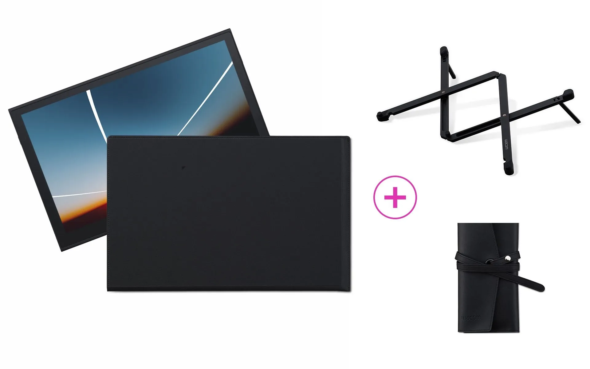 Wacom Movink 13 with tablet sleeve, foldable stand and rollup case