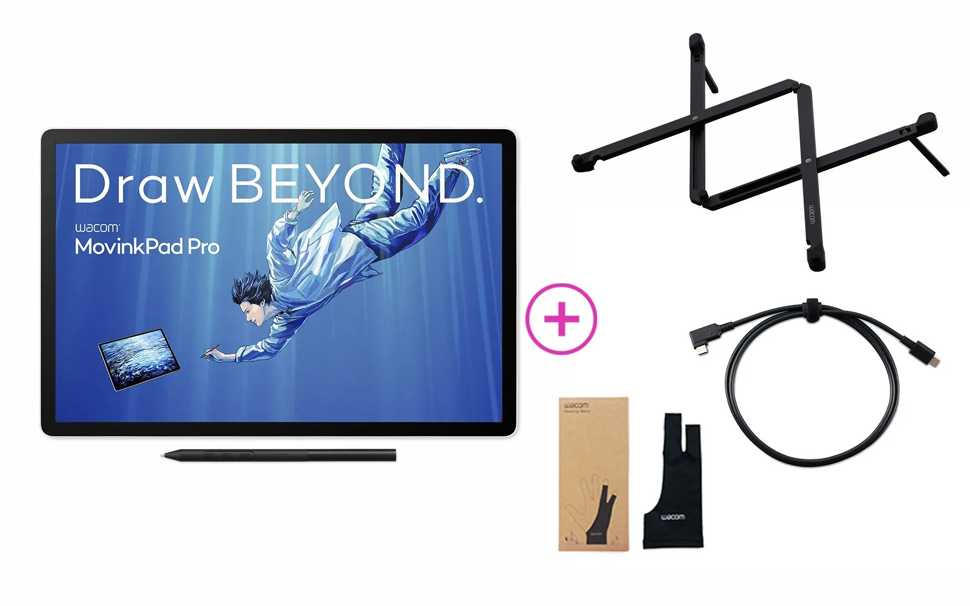 Wacom MovinkPad Pro 14 with foldable stand, cable and drawing glove
